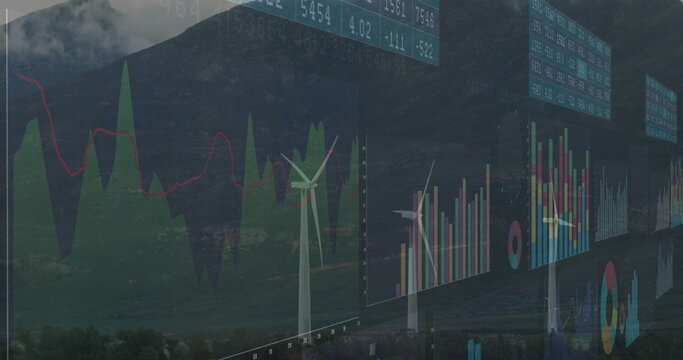 Spinning three white wind turbines powering green valley, with floating financial data charts