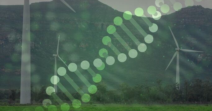 Rising three-blade wind turbine spinning above pasture by hill with stylized DNA overlay - Powered by Adobe