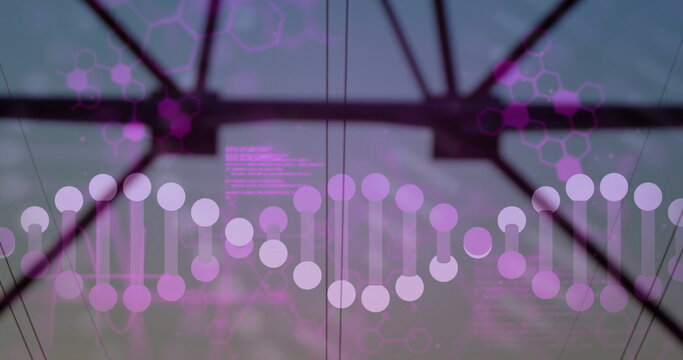 Displaying DNA helix glowing with nodes and code above transmission tower at dusk, molecular data - Powered by Adobe