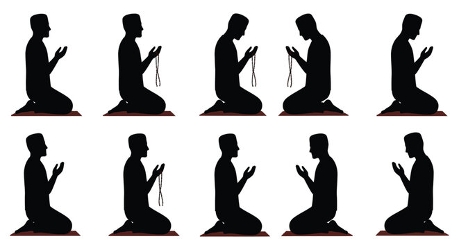 a series of black silhouettes of a person praying in different positions