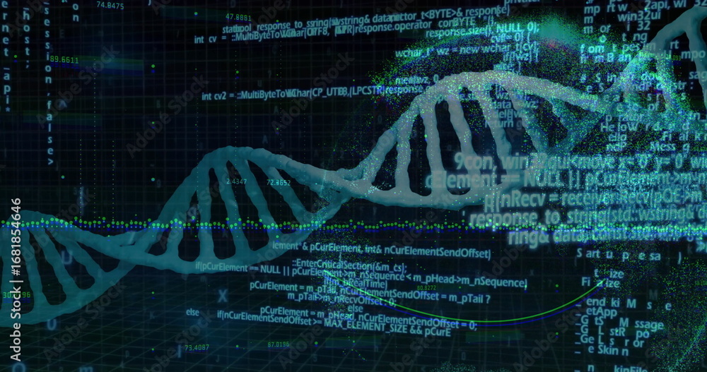 Poster visualizing dna helix floating on grid ui, with code snippets, numerical data and curved plot lines