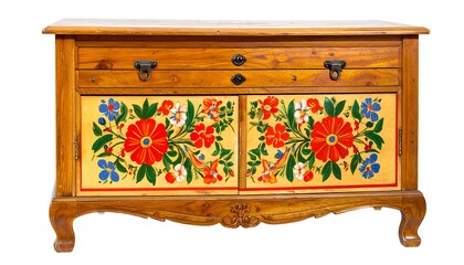A  wooden cabinet with hand-painted floral designs in vibrant colors, showcasing a rich, vintage aesthetic.