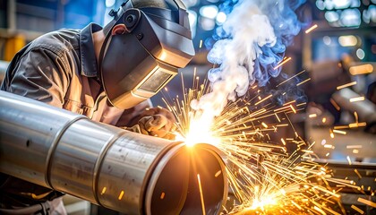 A skilled worker meticulously welds large metal pipes in a factory setting, creating a scene of intense activity and bright sparks.