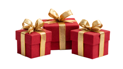 Three red gift boxes with gold ribbon and bow isolated on transparent background