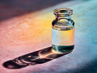 Glass vial with yellow liquid and colorful light
