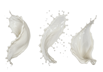 Creamy white liquid splashes, mid-air, intricate fluid, tiny droplets, brilliant white studio background, high-key light. Concept of purity, freshness, energy.