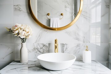 Elegant Bathroom Interior with Marble, Gold Accents, White Sink, and Floral Decoration in a Vase