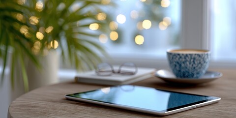 modern home office, cozy home ambient with stylized items, a glowing tablet screen offering limited time black friday deals at the focused desktop scene