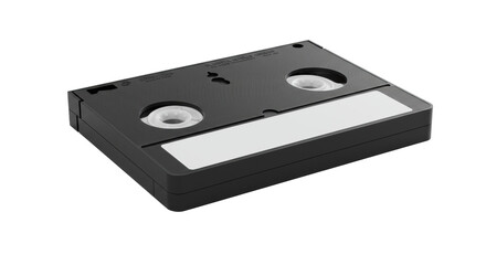 Obraz premium Black VHS tape with visible reels, pristine blank white label, studio setting, transparent background, softly lit, technological evolution and data transformation concept