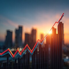 A rising graph superimposed over a city skyline at sunrise signifies growth and progress.