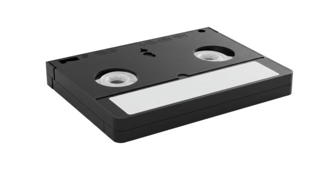 Black VHS tape with visible reels, pristine blank white label, studio setting, transparent background, softly lit, technological evolution and data transformation concept