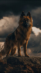 A German Shepherd puppy sits on the beach