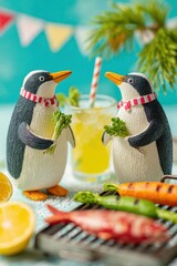 Penguins enjoying a barbecue party with grilled fish, vegetables and lemonade