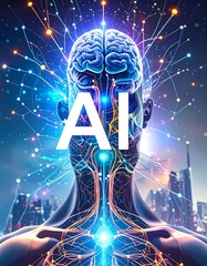 Intricate anatomical representation of a human head and torso, highlighting neural pathways and connections, set against a futuristic cityscape, showcasing the concept of artificial intelligence.