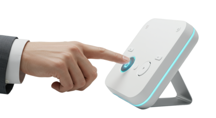 Clean hand pressing illuminated button on sleek, modern white tech device, soft high-key studio light, blurred background, copy space. Concept of precise technological control