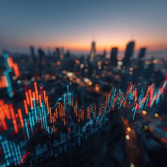 Financial data overlays a vibrant cityscape at twilight, showcasing fluctuating market trends.