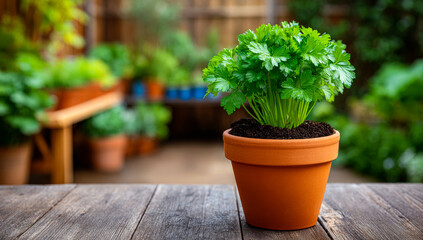 Fresh cilantro growing in terracotta pot. Cilantro plant thrives in a terracotta pot surrounded by greenery in a serene garden setting.
