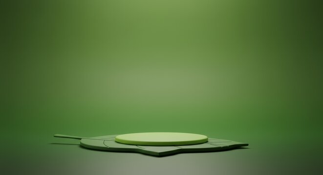 Green podium display on green background. Empty pedestal for natural cosmetics products presentation, 3d rendering