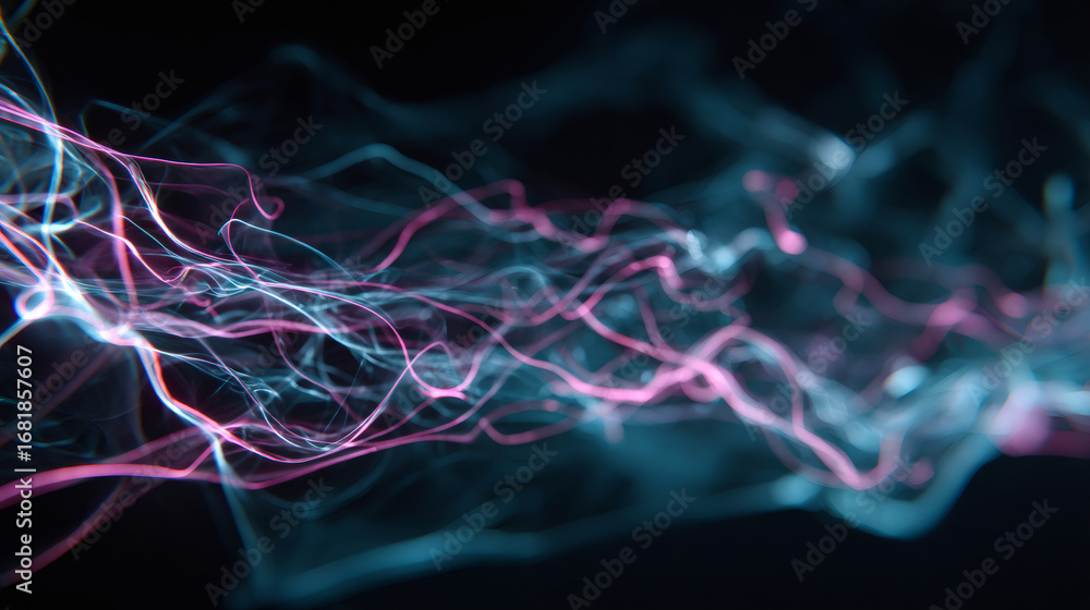 Poster swirling light trails with bokeh on a dark background. abstract digital data stream. modern technolo