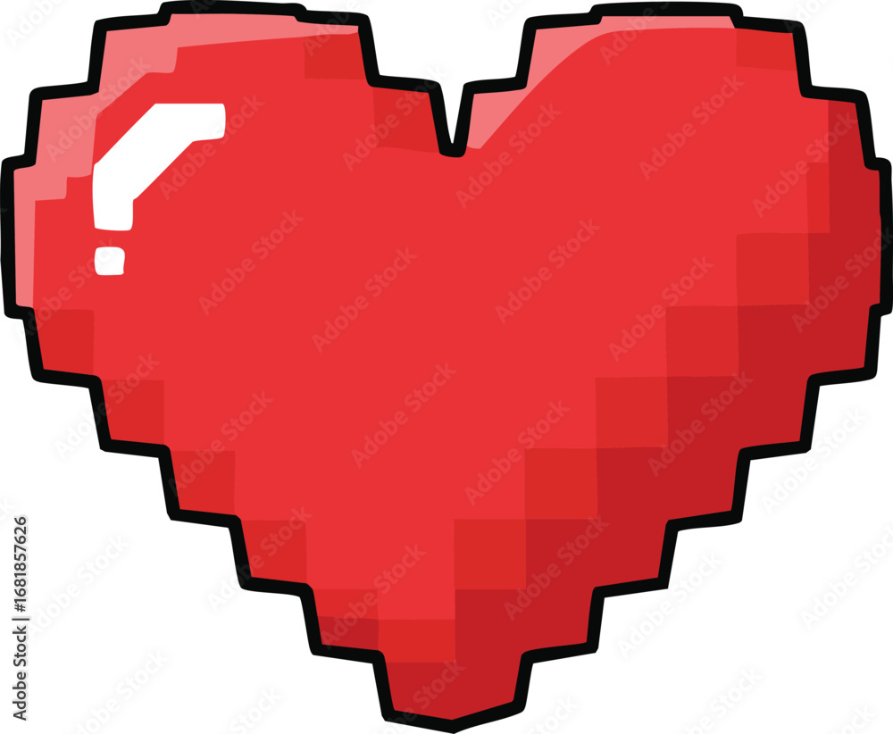 Poster pixelated red heart icon with shiny highlight in retro video game style vector illustration