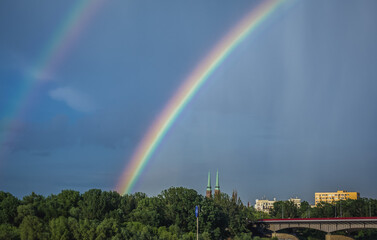 Double rainbow phenomenon in Warsaw, capital city of Poland