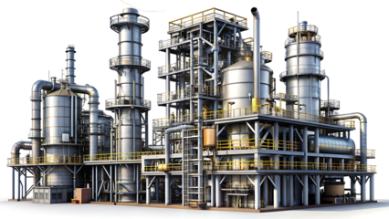 Large industrial chemical processing plant with multiple towers and pipelines factory isolated on a transparent background