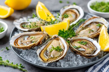 Fresh opened oysters with lemon and herbs on ice