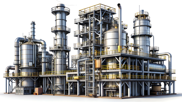 Large industrial chemical processing plant with multiple towers and pipelines factory isolated on a transparent background - Powered by Adobe