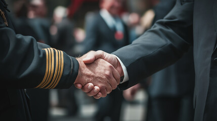 Firefighter in uniform and man in a formal suit shaking hands
