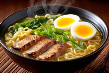 Steaming hot bowl of ramen with pork, eggs, and greens