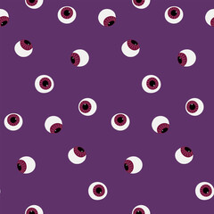 Seamless Halloween pattern with eyeballs on purple background. For holiday decoration, wrapping paper, textile and party print. Vector illustration