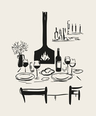 Minimalist hand drawn food and drink vector illustration. Wine, champagne glass, cheese, cake drawings for wedding invitations, menus and parties. Ink doodle sketch style