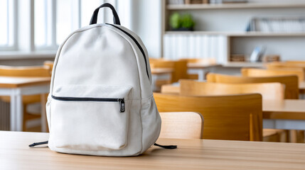 Backpack placed on a desk in classroom. A white backpack rests on a wooden desk in a bright classroom with empty chairs and sunlight streaming through windows.
