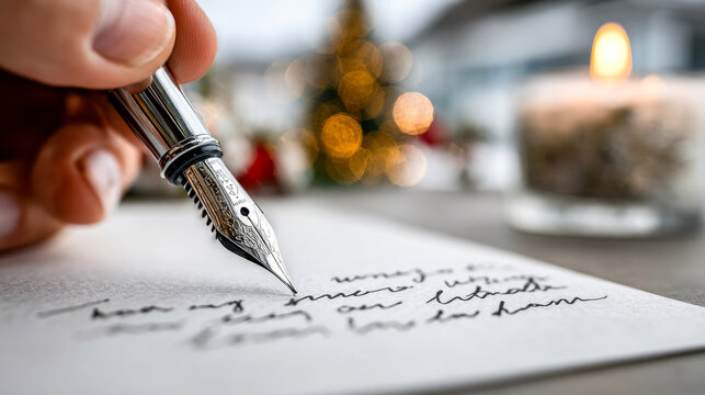 Holiday heartfelt letter. Person writes a meaningful letter by candlelight, with a festive background creating a warm and cozy atmosphere.