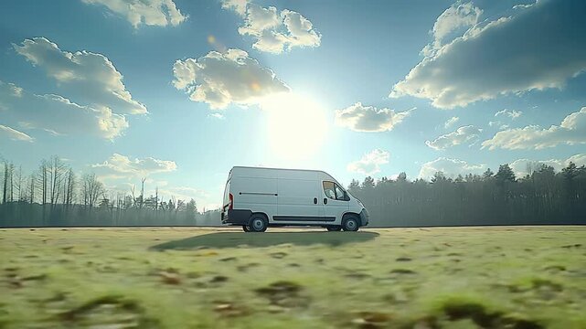 Campervan parked on open green grassland under clear blue sky peaceful
