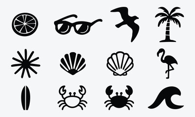 Collection of Tropical Summer Beach Icons and Symbols for Vacation in  Silhouette Vector Style on White Background