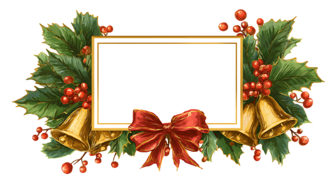 Christmas frame with holly, berries, bells, and bow isolated on transparent background - Powered by Adobe