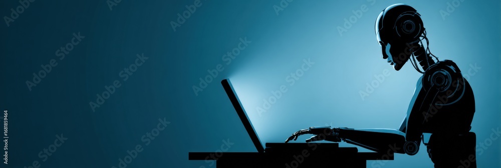 Poster a humanoid robot interacts with a laptop, illuminated by a soft light, in a dim environment suggesti