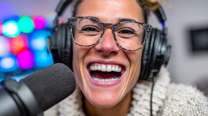 Woman smiles while podcasting in studio. Joyful woman wearing glasses and headphones engages in a lively podcast recording, showcasing excitement and enthusiasm.