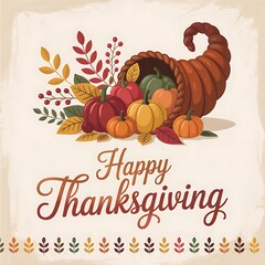 Happy thanksgiving illustration featuring a cornucopia overflowing with pumpkins and gourds, surrounded by autumn leaves