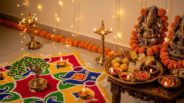 Auspicious Diwali puja arrangement with idols of Lord Ganesha and Goddess Lakshmi, vibrant rangoli, glowing diyas, and traditional Indian sweets.