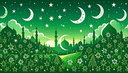A vibrant, stylized depiction of a serene Islamic city, outlined against a backdrop of a lush green landscape, adorned with stars, crescent moons, and intricate floral patterns.