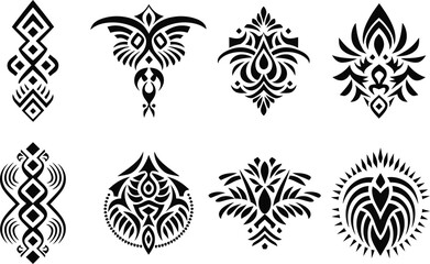 Vector graphic set of intricate symmetrical tribal patterns for decoration and template design