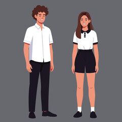 Fototapeta premium Young man and woman standing casual outfit vector illustration in simple style with neutral background 