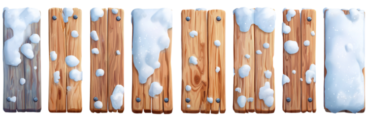 Set of wooden planks with snow isolated on transparent background