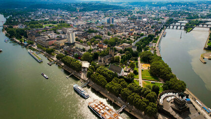 Obraz premium Aerial view around the old town of the city Koblenz in Germany on a sunny spring noon