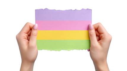 Hands holding colorful textured rainbow paper strips with torn edges in pastel shades, displaying creative craft materials or art project for design or decoration