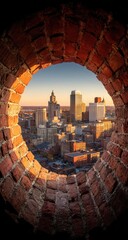 An elevated perspective of a city skyline, framed by a round brick archway, showcasing the architectural beauty of urban structures and a warm sunset.