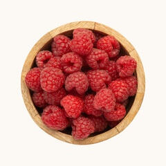 Raspberry berries in a wooden plate on a white isolated background