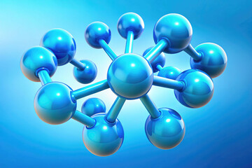 3D render of blue molecular structure floating on soft blue gradient background..